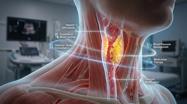 Carotid artery plaque atherosclerosis neck blood flow ultrasound 3d illustration of human neck anatomy showing carotid artery plaque and restricted blood flow, with clinical icons for ultrasound