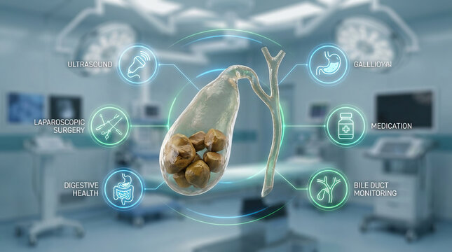 Gallbladder gallstone bile duct ultrasound laparoscopic surgery medication digestive health anatomy medical concept hospital operating room, 3d illustration of gallbladder with gallstones