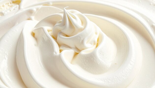 A luxurious close-up texture of velvety whipped cream featuring delicate swirling patterns and smooth soft peaks ideal for professional culinary food photography backgrounds