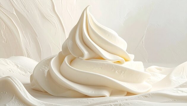 Close up macro photography of a silky smooth swirl of fresh white whipped cream or rich vanilla soft serve ice cream featuring elegant delicate artistic textured dessert peaks