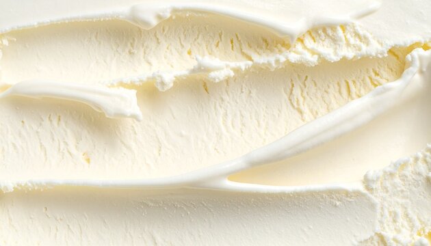 Close-up macro photography of smooth creamy vanilla ice cream texture featuring elegant scoop swirls and ridges creating a soft aesthetic white frozen dairy dessert surface