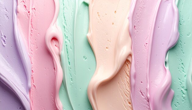 Soft pastel swirls of creamy icing in shades of pink mint lavender and cream create a smooth artistic background texture perfect for dessert themes and creative culinary design