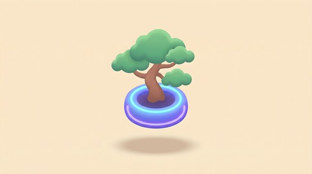 3D render of a cute bonsai tree icon illustrating digital nature and sustainable growth isolated on a light beige background