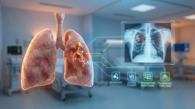 Human lung pneumonia inflammation chest x ray respiratory system hospital infection antibiotic oxygen therapy pulmonary function, medical imaging concept with inflamed tissue and clinical