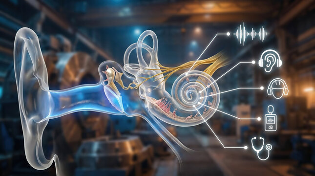 Inner ear hearing loss noise cochlea anatomy industrial worker ear protection sound wave decibel concept illustration of inner ear anatomy with cochlea and nerves overlay factory setting