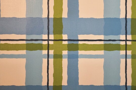 Geometric pattern with intersecting horizontal and vertical lines in shades of blue, green, and off-white. The design resembles a plaid or tartan pattern,