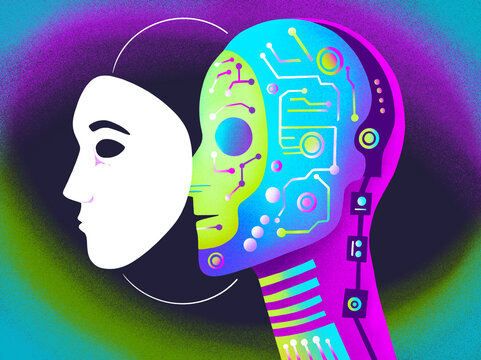 Human face and robotic features blend in digital artwork scene