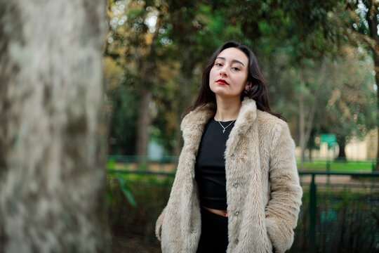 Woman in faux fur coat