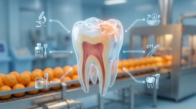 Tooth dental enamel erosion cavity oral hygiene 3d render medical dentistry fluoride prevention concept laboratory setting, transparent molar cross section with visible decay and acidic damage