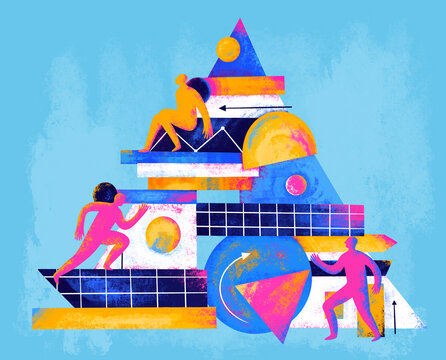 Shapes and people working together in colorful design scene