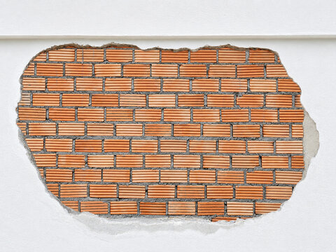 Red Brick Wall Texture Revealed Behind Broken White Concrete Wall Background Surface Design Element