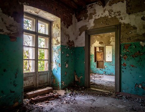 Abandoned stone building with green door and window.