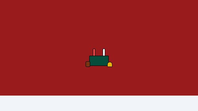 Minimalist electrical plug icon features bold lines and vibrant colors set against a deep red background in this digital animation