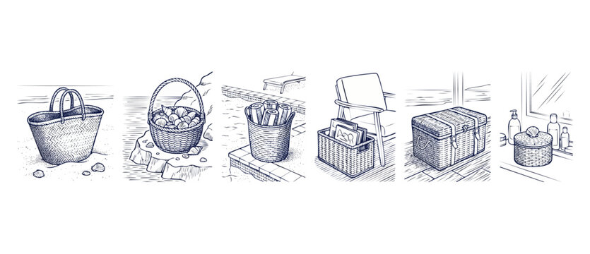 Wicker basket line art vector illustration of coastal lifestyle accessories set, featuring rattan beach bag, storage chest, pool towel bin, magazine holder, and bathroom container in sketch style.