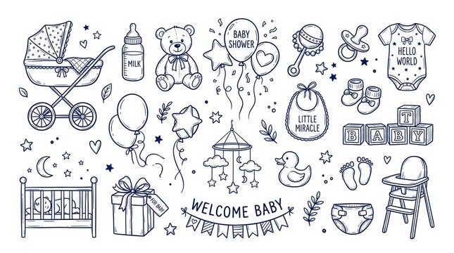 Set of cute baby shower doodles isolated on white background