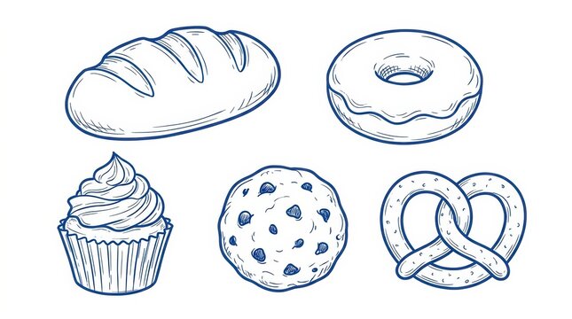 Set of hand drawn bakery items, including bread, donut, cupcake, cookie and pretzel