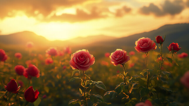 Delicate roses glowing in golden sunlight with warm hues and soft focus on scenic field
