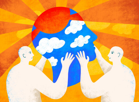 Two figures share ideas inside a large human head shape