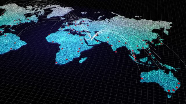 Digital map of the world with riyadh city as a central hub for global communication, data transfer, and network connectivity, 3d render