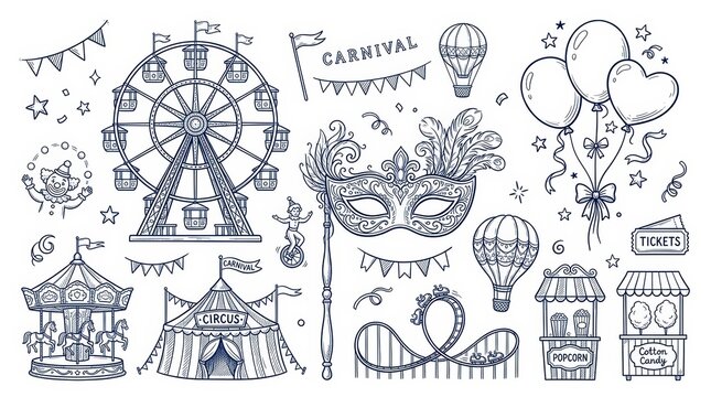 Carnival and circus hand drawn doodle set with ferris wheel, carousel, tent, masquerade mask, balloons, roller coaster and food booths