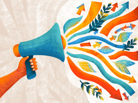 Creative use of a megaphone with vibrant colors and arrows