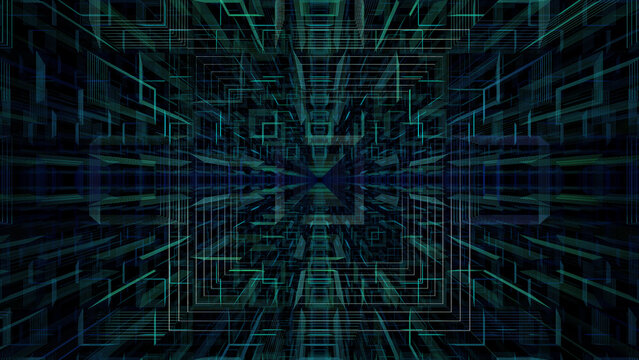 Geometric digital corridor formed by luminous wireframe structures.