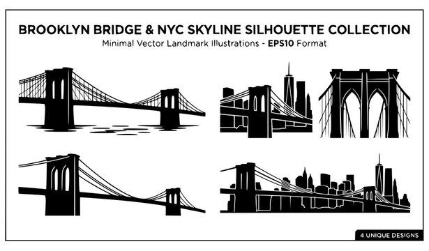 Create a premium vector illustration featuring 30 unique minimalist black silhouettes inspired by the Brooklyn Bridge isolated on a solid white background. Include different perspectives such as full 