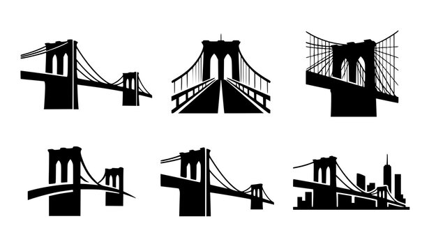 Generate a distinctive vector illustration containing 28 unique minimalist black bridge silhouettes inspired by the Brooklyn Bridge isolated on a solid white background. Create a dynamic staggered arr