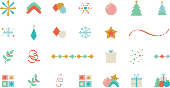 Cute pastel mid century modern Christmas vector element set with geometric winter ornaments for pattern design
