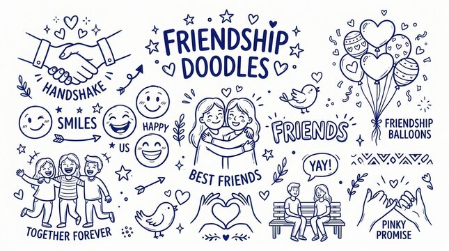 Set of handdrawn friendship doodles isolated on white background
