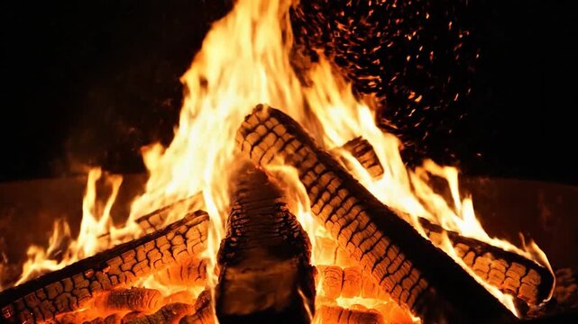Bright orange flames burn through wooden logs in a campfire