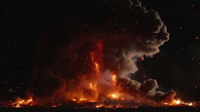 Powerful fire explosion with orange flames and sparks on black background