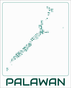 Palawan digital style map. Small circle dots on white background. Dotted shape of the island. Palawan map and title. Awesome vector illustration.