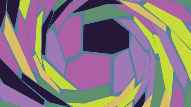 Abstract geometric tunnel composed of colorful mosaic tiles in lime yellow and purple creating deep perspective optical illusion for cool decor.
