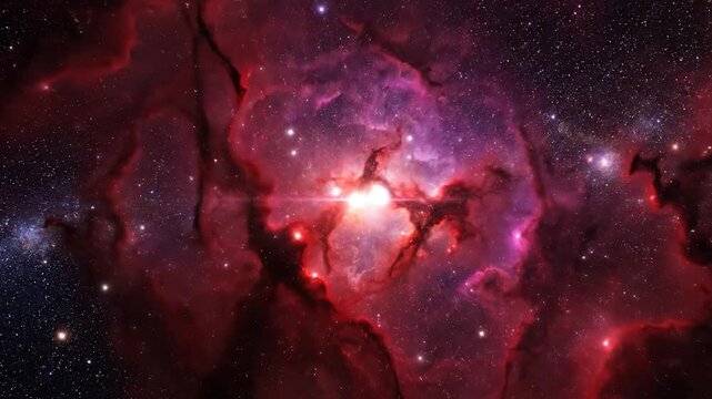 Vibrant red nebula and glowing stars shine in the deep cosmic space