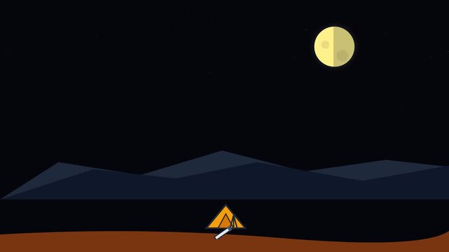 Camping tent stands under a bright full moon within this flat vector design motion graphic animation for video project use