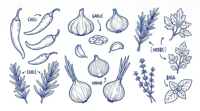 Hand drawn set of culinary herbs and vegetables isolated on white background