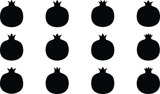 Minimalist vector graphic illustration showing a repeating pattern of twelve black pomegranate silhouettes arranged in a clean grid layout design