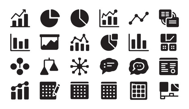 Business intelligence and analytics icons set featuring charts diagrams graphs tables clouds and communication.