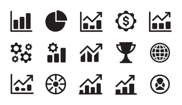 Business and marketing icon set featuring graphs charts pie diagrams gears target trophy globe and user profile.