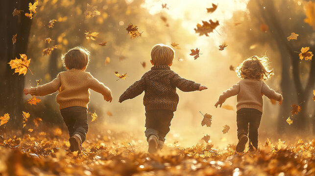 Three kids in cozy autumn sweaters running joyfully through falling leaves in warm forest