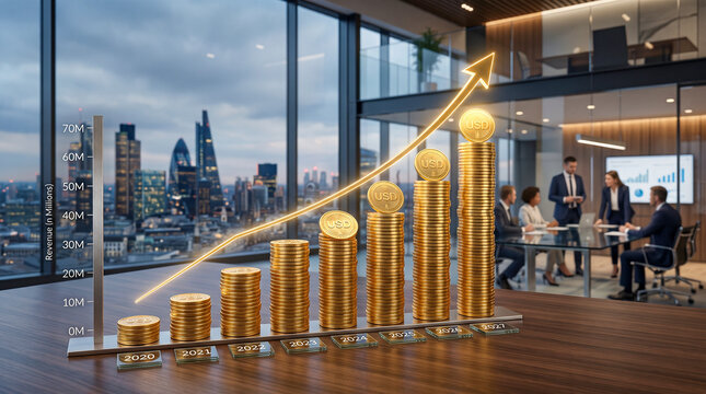 Gr&aacute;fico de crecimiento financiero creado con monedas para ilustrar inversi&oacute;n y rentabilidad.