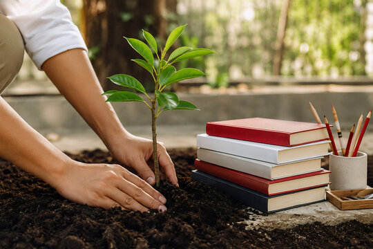 Planting a tree sapling next to a stack of red and white books to represent the concepts of education and sustainability.