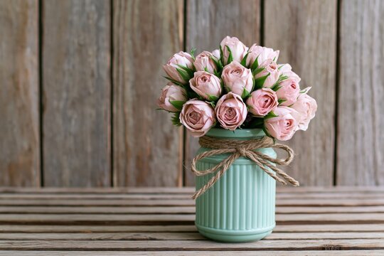 The Pink Rose Bouquet in a Mint Green Vase with Rustic Twine