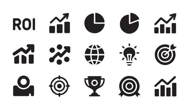 Return on investment roi business icons featuring target aim trophy award and global growth strategy symbols.