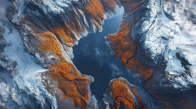 Snowy mountain ridges surround calm lake with vibrant orange autumn trees creating peaceful scene