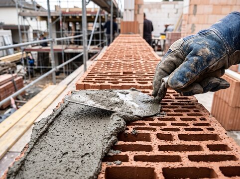 Close up of bricklayer hands performing precise masonry work on insulated structural blocks with copy space background.
