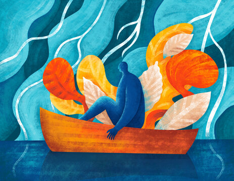 Person sits in a boat surrounded by colorful leaves on water