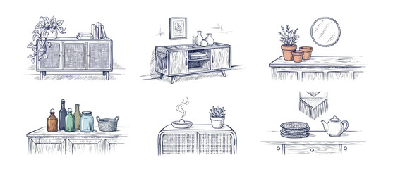 Obraz premium Boho furniture sideboard sketch set featuring cozy home decor items, hand-drawn plants, vases, bottles, and rustic interior design elements in clean minimalist line art style.