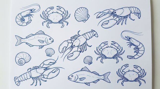 Set of handdrawn marine life illustrations featuring various seafood, crustaceans, fish, and seashells isolated on white background